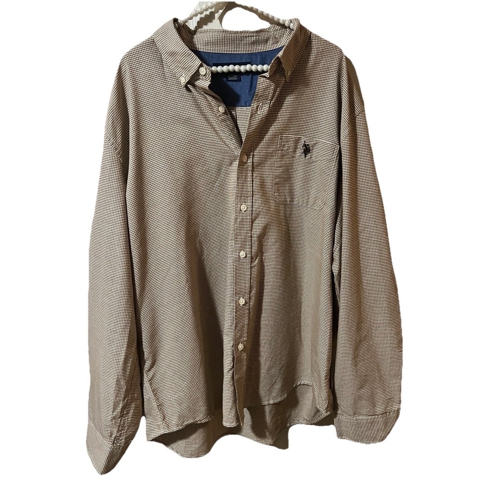 US Polo‎ Assn . Men Brown White Gingham Long Sleeve Button Down Shirt 2XL